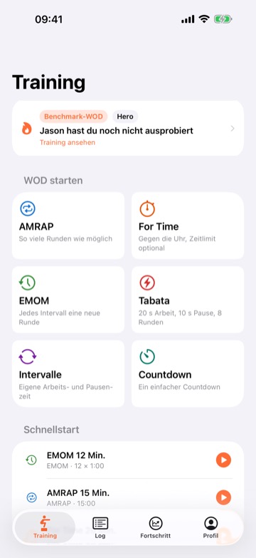 WOD Tracker's Train screen in German, checked